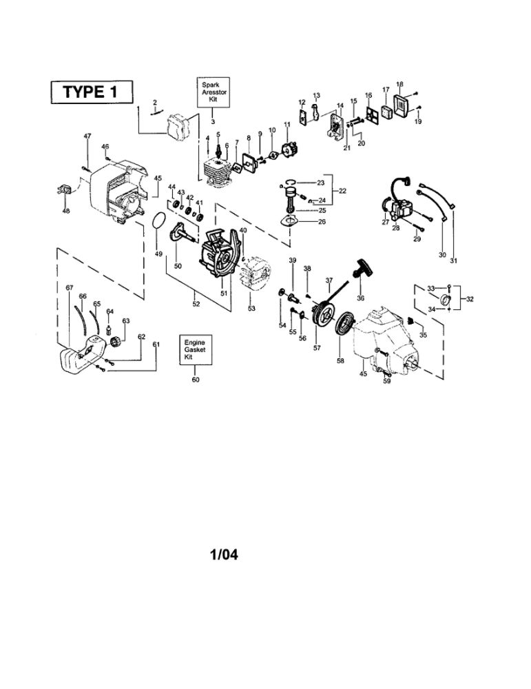 Crankcase/Crankshaft Diagram and Parts List for FEATHERLITE SST 25HO Type 1 Weed Eater Trimmer